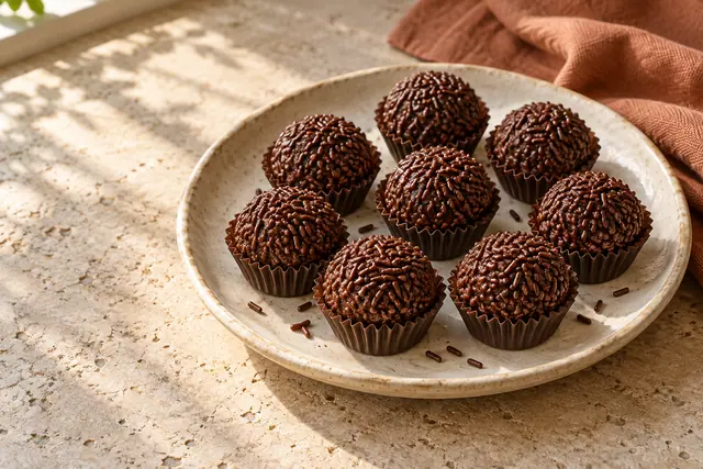Brigadeiros com granulado em forminhas marrons sobre prato de cerâmica, com luz natural e tecido terracota ao fundo.