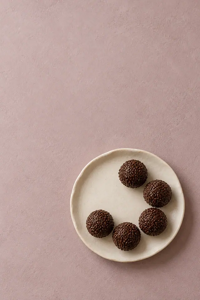 Cinco brigadeiros com granulado em prato de cerâmica marfim sobre fundo rosa texturizado, vistos de cima.
