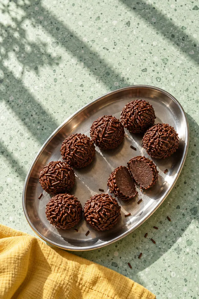 Brigadeiros em travessa oval de metal sobre bancada verde, com um doce cortado ao meio e pano amarelo.