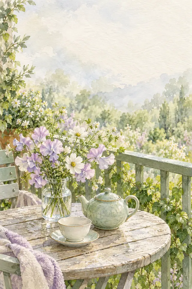 Aquarela de bule verde e xícara sobre mesa na varanda, com flores brancas e lilases e jardim ao fundo.