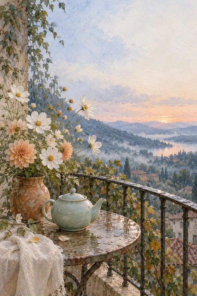Aquarela de bule verde e flores na varanda, com montanhas e lago sob o céu suave do entardecer.