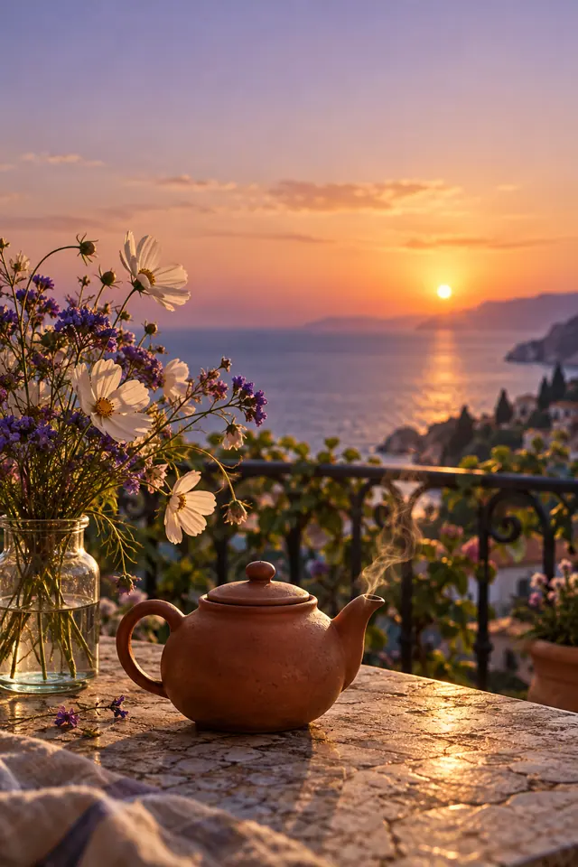 Bule de terracota e flores brancas e roxas em varanda com vista para o mar ao pôr do sol.