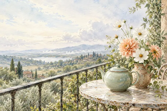 Aquarela de bule verde e flores sobre uma mesa na varanda, com vista para colinas, casinhas e um lago.