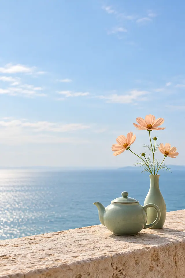 Bule verde e vaso com flores em tom de damasco sobre varanda de pedra, com mar e céu azul ao fundo.