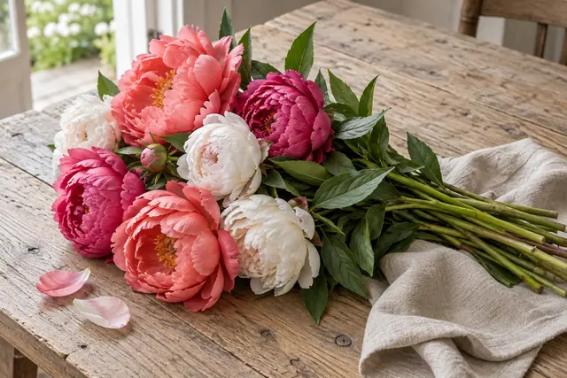 Buquê de peônias corais, rosas e brancas sobre mesa de madeira, com folhas verdes e tecido de linho claro.