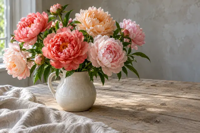 Buquê de peônias corais e rosadas em jarra clara sobre mesa de madeira, com linho e luz natural da janela.