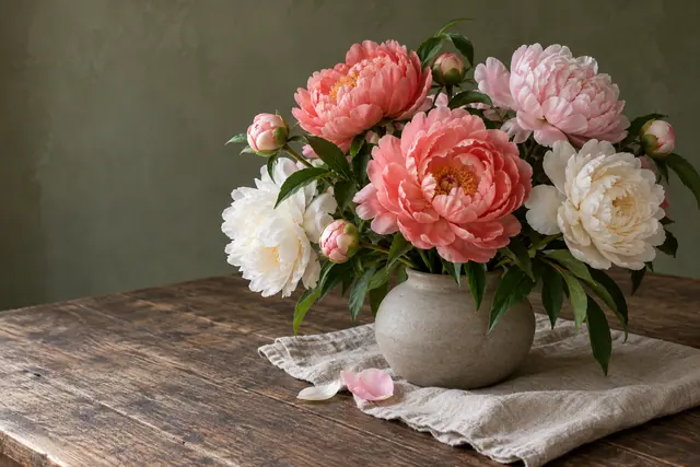 Buquê de peônias corais, rosadas e brancas em vaso de cerâmica sobre linho e mesa de madeira.