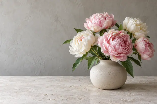 Buquê de peônias rosas e brancas em vaso bege sobre mesa de pedra, com parede cinza e espaço livre à esquerda.