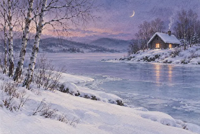 Aquarela de cabana iluminada junto a lago congelado, com neve, bétulas e lua crescente no céu lilás.