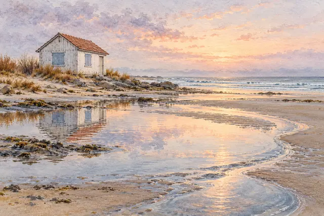 Aquarela de cabana branca com janelas azuis à beira-mar, refletida nas poças sob o céu rosado do amanhecer.