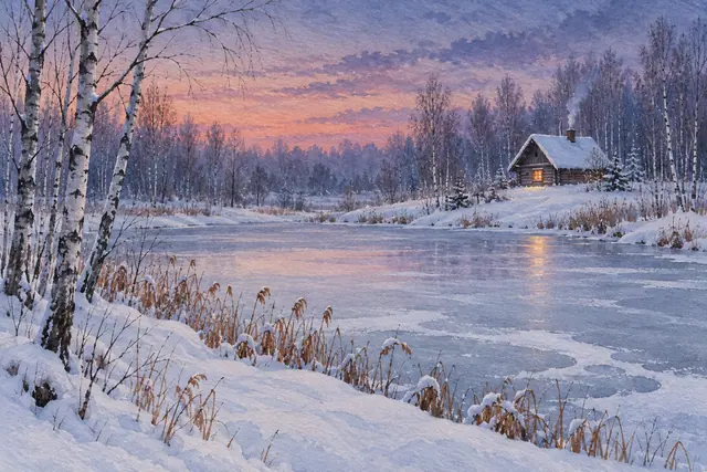 Aquarela de cabana iluminada entre bétulas e neve, junto a um lago congelado sob o céu rosado do crepúsculo.