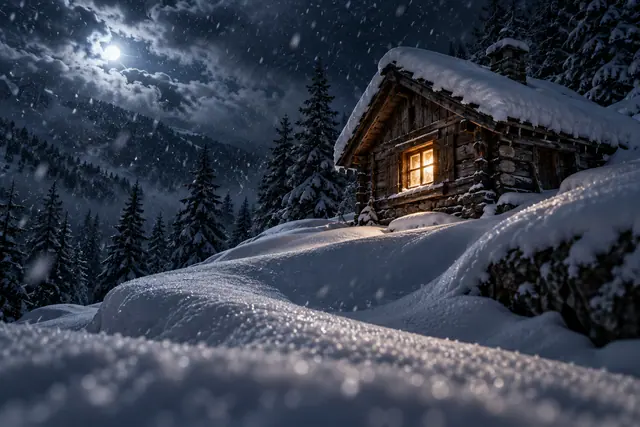 Cabana de madeira com janela iluminada em encosta nevada, cercada por coníferas sob o luar e a neve.