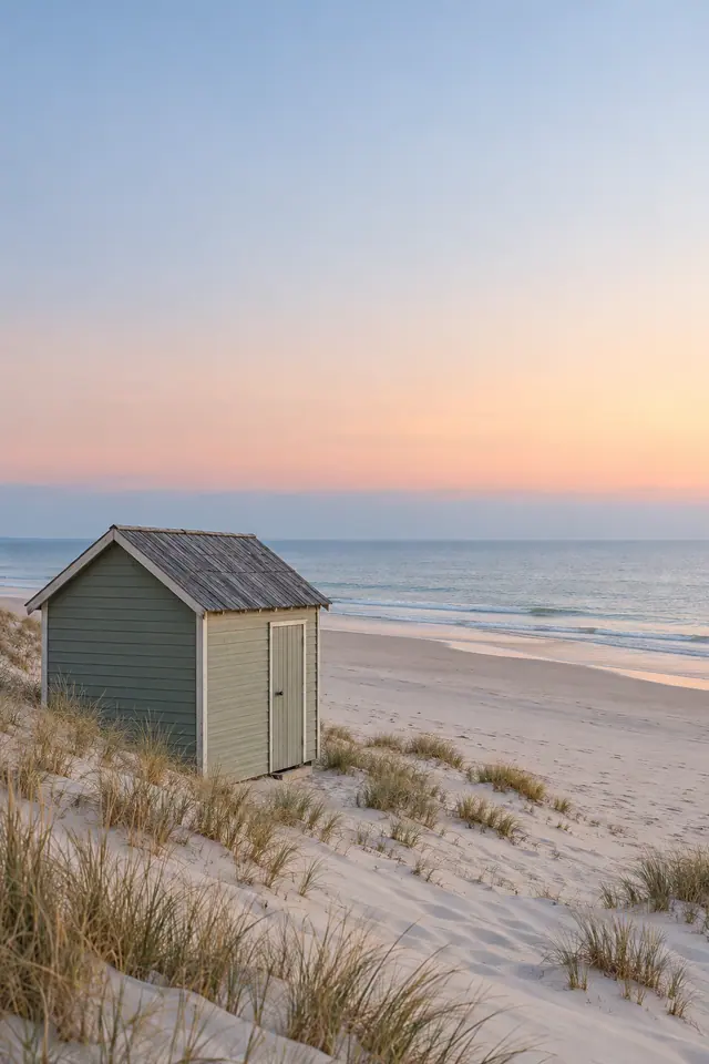 Cabana verde entre dunas com capim, diante do mar calmo sob um amplo céu azul e pêssego ao amanhecer.