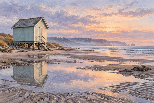 Cabana verde-clara sobre estacas refletida em poças na praia, com mar calmo e céu em tons de pêssego e lilás.