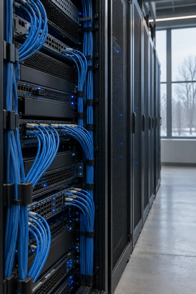 Rack de servidores com cabos e luzes azuis, ao lado de gabinetes escuros e uma janela com árvores ao fundo.