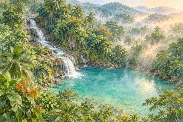 Aquarela de cachoeira em degraus e piscina natural turquesa entre palmeiras, com névoa e luz dourada ao fundo.