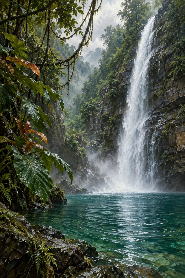 Pintura a óleo de cachoeira em paredão tropical, com poço verde-azulado, névoa, folhas e cipós.