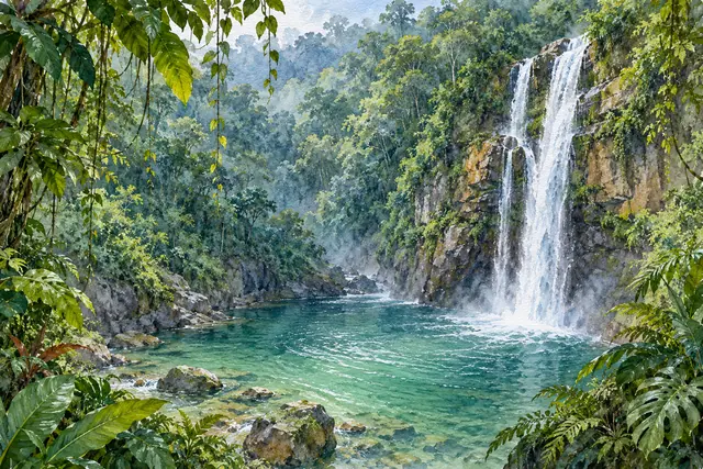 Aquarela de cachoeira em paredão rochoso, com poço verde-azulado, pedras e folhagens na floresta tropical.