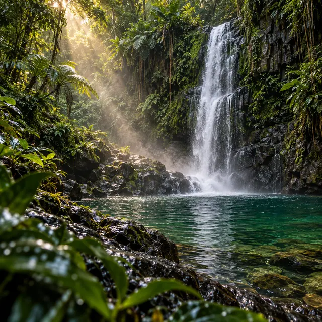 Cachoeira em floresta tropical com poço verde, rochas úmidas e raios de sol iluminando a névoa.
