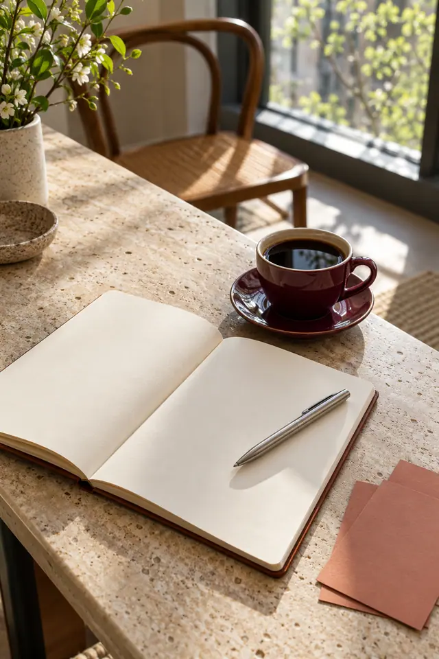Caderno aberto com caneta, café em xícara vinho e papéis terracota sobre mesa de pedra junto à janela.