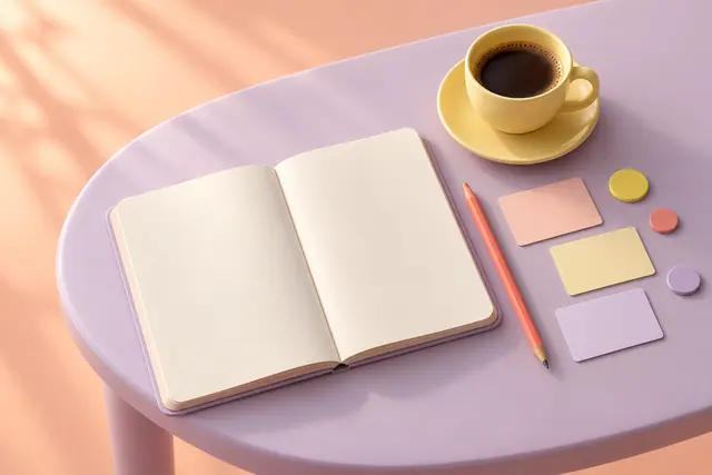 Caderno aberto, café em xícara amarela, lápis e cartões pastel sobre uma mesa lilás em renderização 3D.