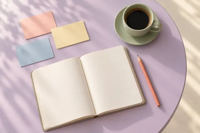 Caderno aberto, lápis coral, café em xícara verde e cartões pastéis sobre mesa lilás vistos de cima.