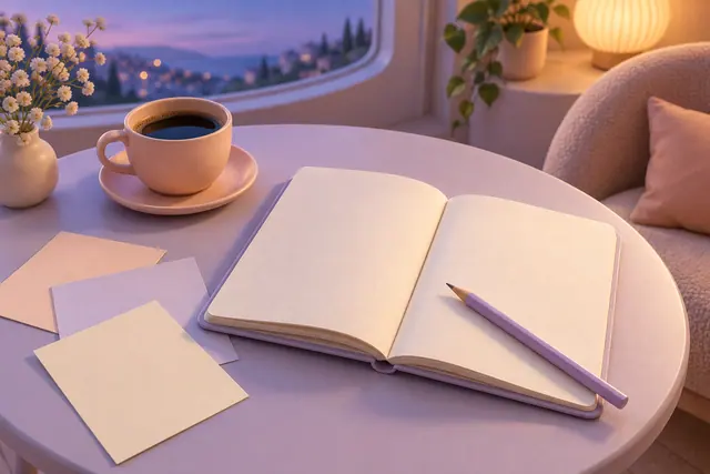 Caderno aberto, lápis lilás e café sobre mesa em tons pastel, junto à janela ao anoitecer.