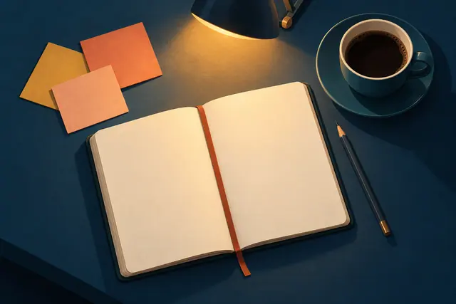 Caderno aberto, café, lápis e cartões coloridos sobre mesa azul iluminada por uma luminária.
