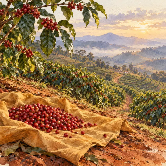 Aquarela de café colhido sobre tecido dourado, com cafezais nas encostas e montanhas ao fundo sob luz de fim de tarde.