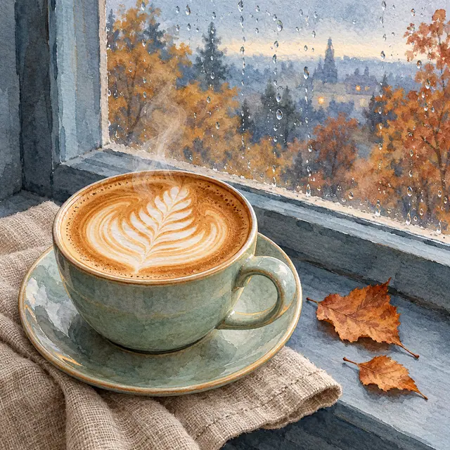 Aquarela de café com latte art em xícara verde, junto à janela com gotas de chuva e folhas de outono.