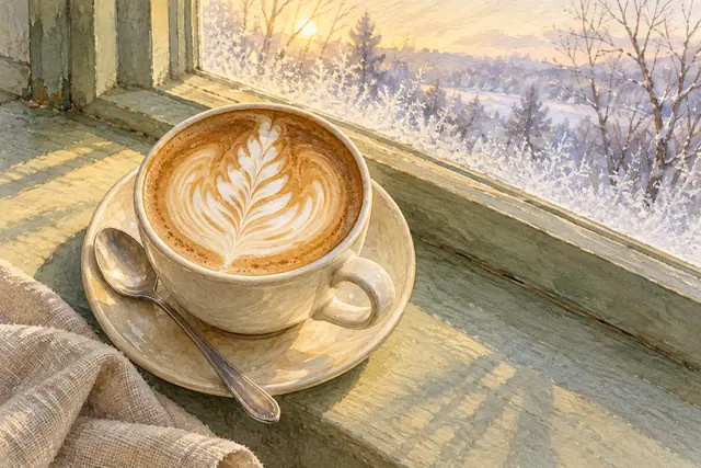 Aquarela de café com latte art em xícara clara junto à janela, com neve e luz dourada ao fundo.