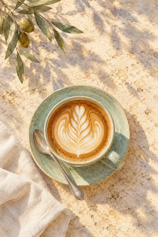 Aquarela de café com latte art em xícara verde, colher, guardanapo e ramo de oliveira sobre mesa clara.