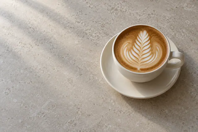 Xícara clara de café com latte art em forma de folha sobre pires e mesa de pedra bege, com espaço livre à esquerda.