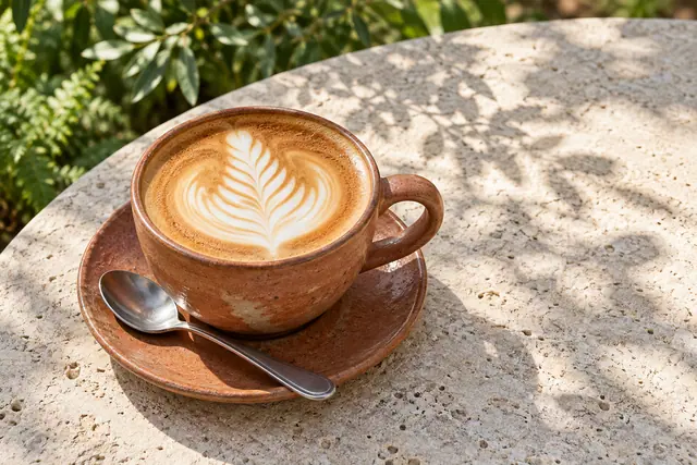Café com latte art em xícara terracota sobre mesa de pedra, com colher, sombras de folhas e jardim ao fundo.