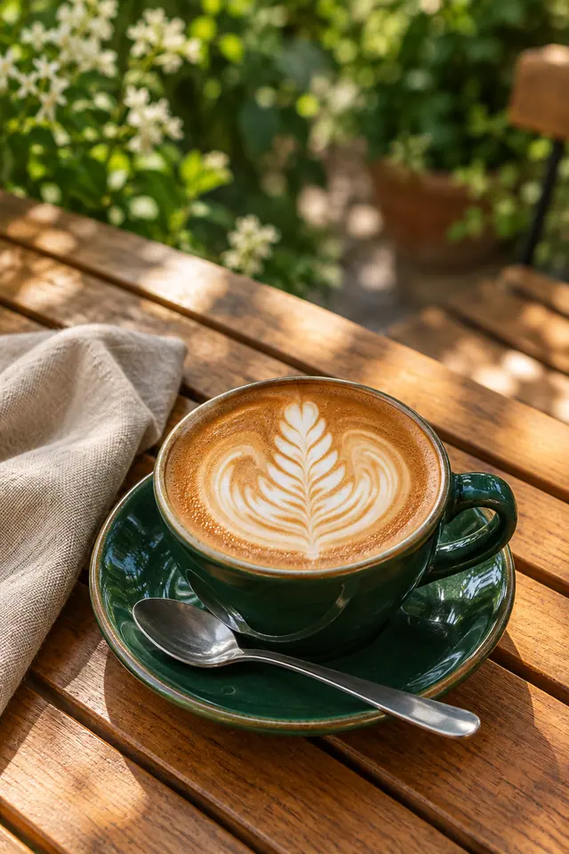 Café com latte art em xícara verde sobre mesa de madeira, com colher, guardanapo e jardim florido ao fundo.