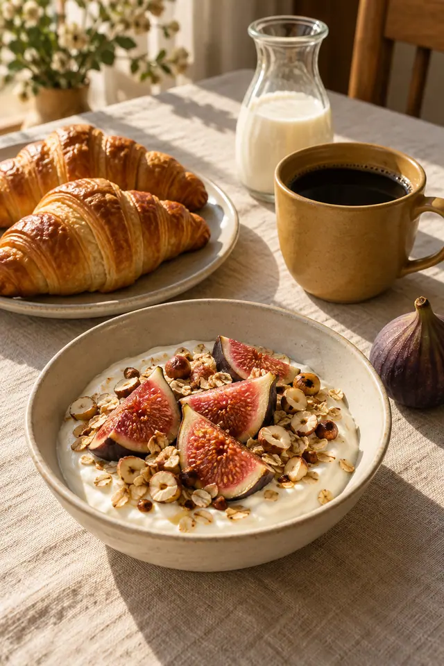 Iogurte com figos, aveia e avelãs, croissants, café e leite sobre mesa de linho iluminada pelo sol da manhã.