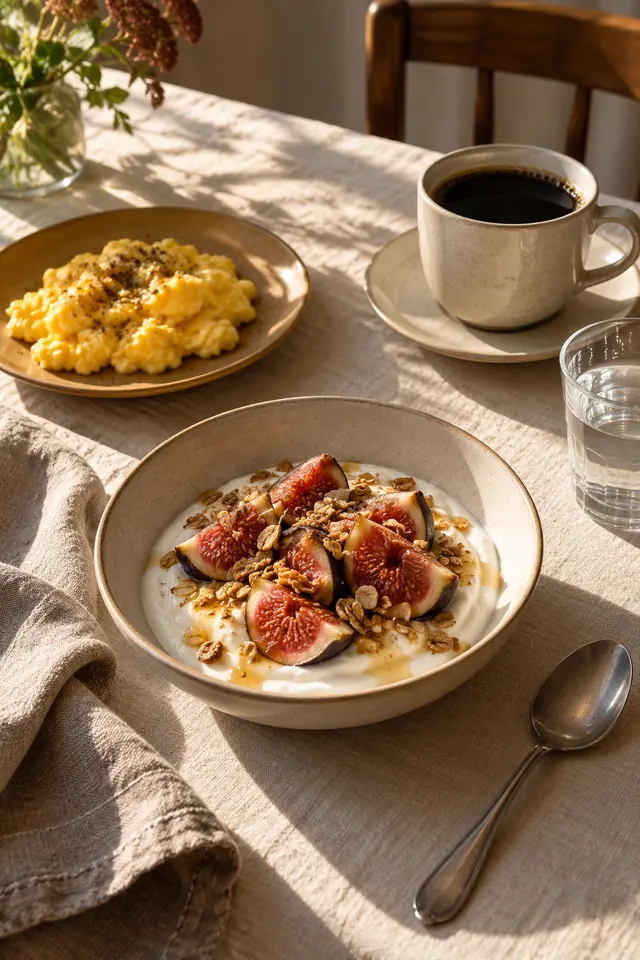 Iogurte com figos, aveia e mel ao lado de ovos mexidos, café e água sobre mesa de linho iluminada pelo sol.