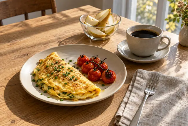 Omelete com cebolinha e tomates assados, café preto e peras sobre mesa de madeira iluminada pelo sol da manhã.