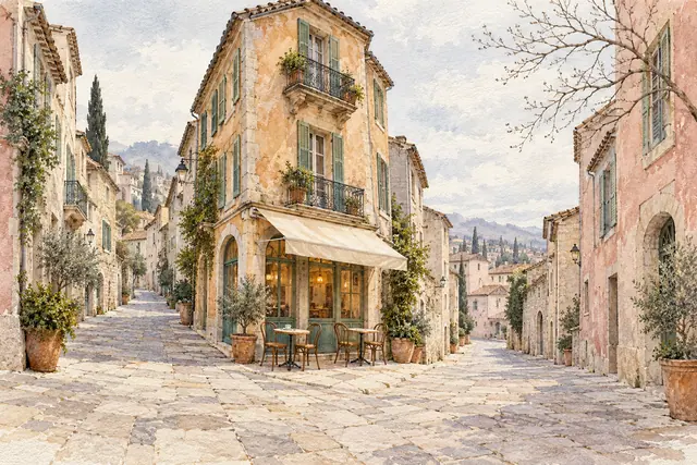 Aquarela de café entre duas ruas de pedra, com fachada em tom pêssego, venezianas verdes e mesas na calçada.