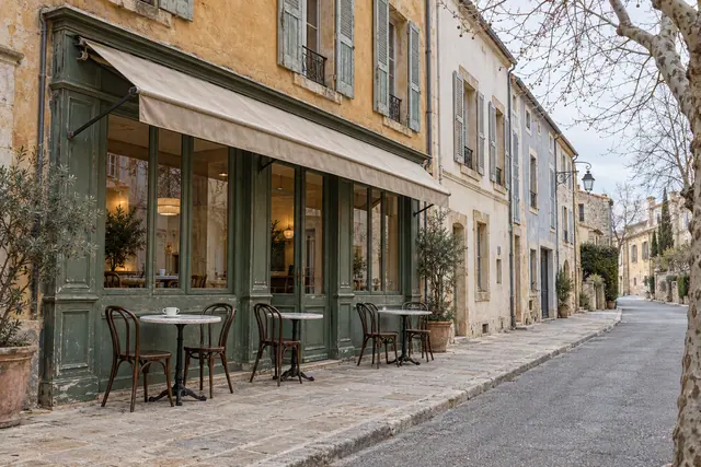Café de fachada verde e toldo bege com mesas na calçada de uma rua europeia vazia, cercada por prédios antigos.