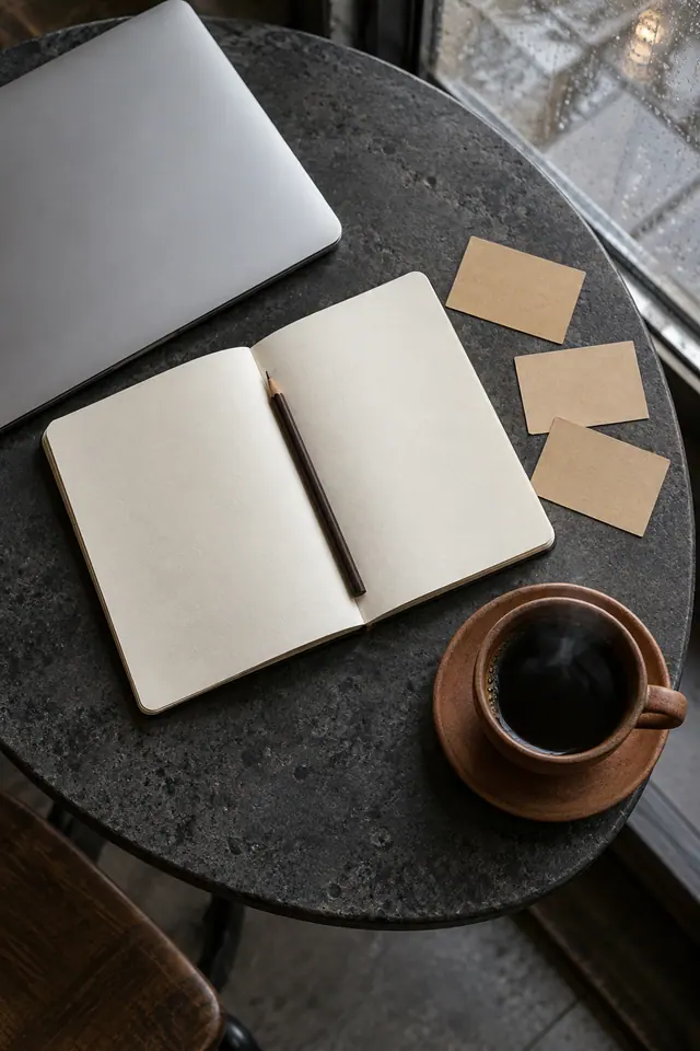 Caderno em branco, lápis, cartões, notebook fechado e café sobre mesa escura ao lado de uma janela com chuva.