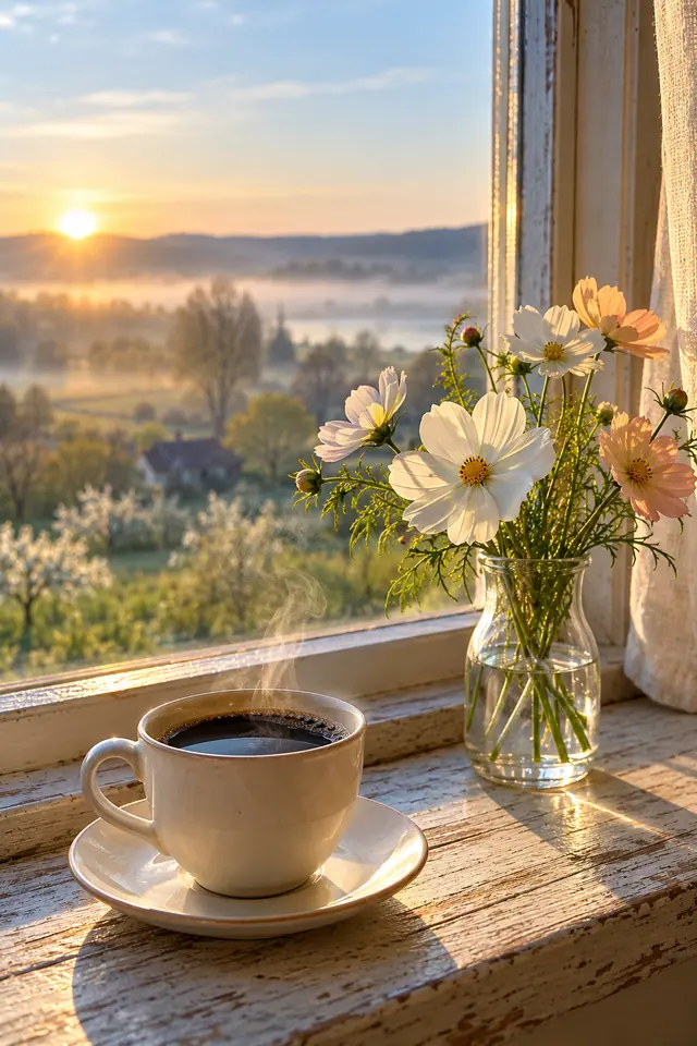 Xícara de café fumegante e flores em vaso de vidro à janela, com o sol nascendo sobre uma paisagem com névoa.