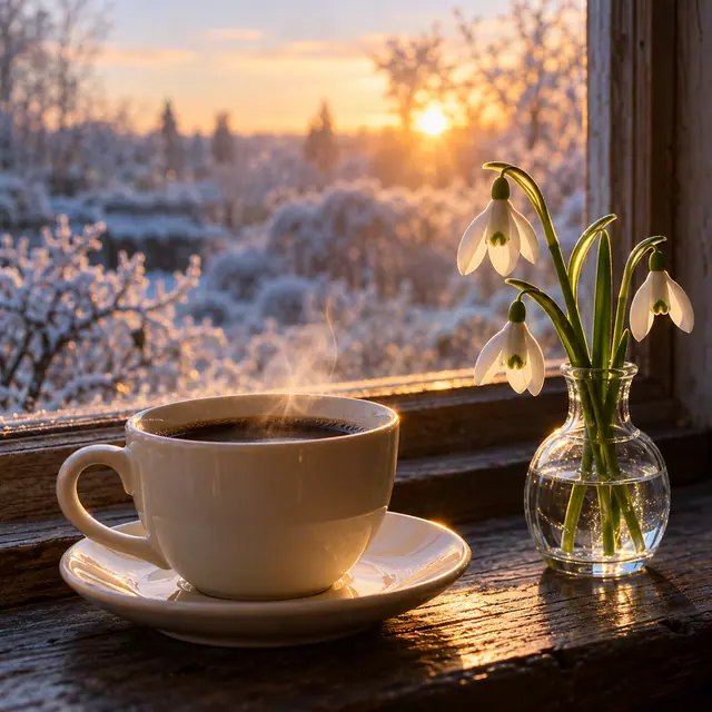 Café fumegante e flores brancas junto à janela, com jardim gelado ao fundo e luz dourada do amanhecer.