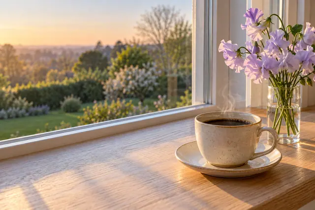 Xícara de café fumegante e flores lilases sobre madeira junto à janela, com jardim ao amanhecer ao fundo.
