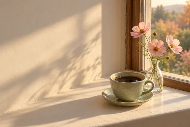 Xícara de café e flores rosadas junto à janela, com luz dourada e espaço livre na parede à esquerda.