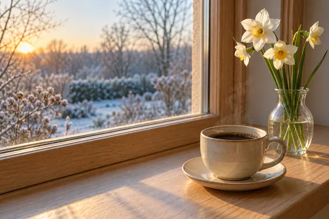 Café fumegante e narcisos brancos à janela, com luz do amanhecer e um jardim coberto de geada ao fundo.