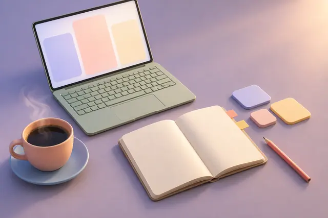Notebook, caderno em branco e café sobre mesa lilás, com lápis e blocos coloridos em uma composição 3D pastel.