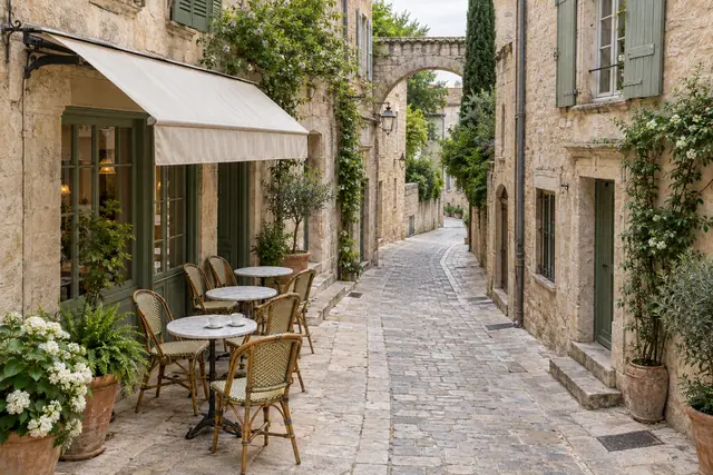 Café com mesas ao ar livre em ruela de pedra, entre fachadas com janelas verdes, vasos floridos e um arco.