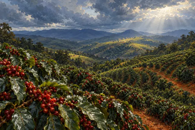 Pintura de cafezal nas colinas, com frutos vermelhos em primeiro plano e raios de sol entre nuvens sobre montanhas.