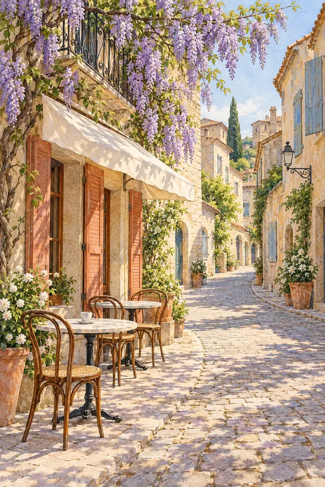 Aquarela de café com mesas na calçada, glicínias lilases e fachadas claras em uma rua europeia de pedra.